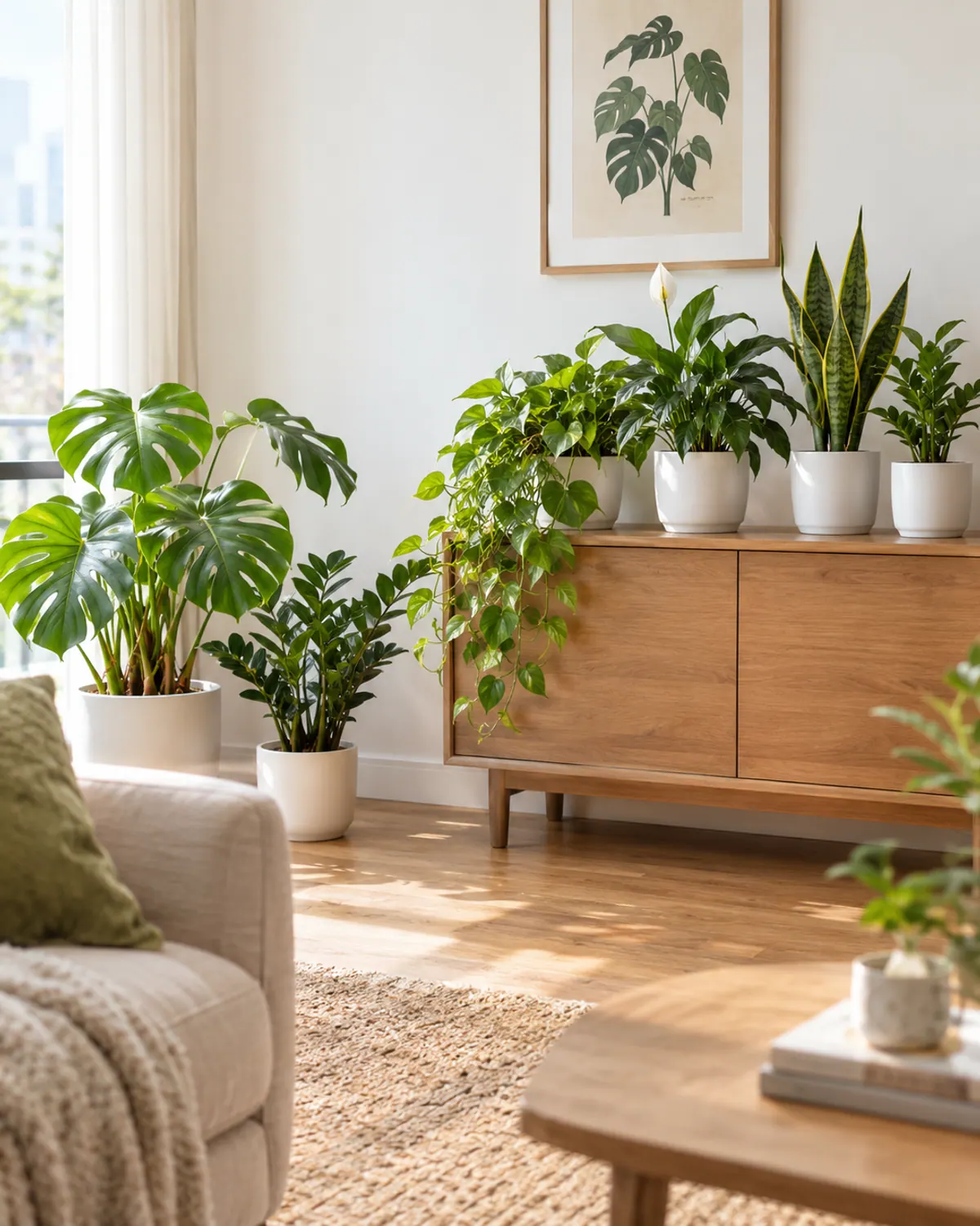 Small living room with several houseplants all in matching white ceramic pots on a console and floor