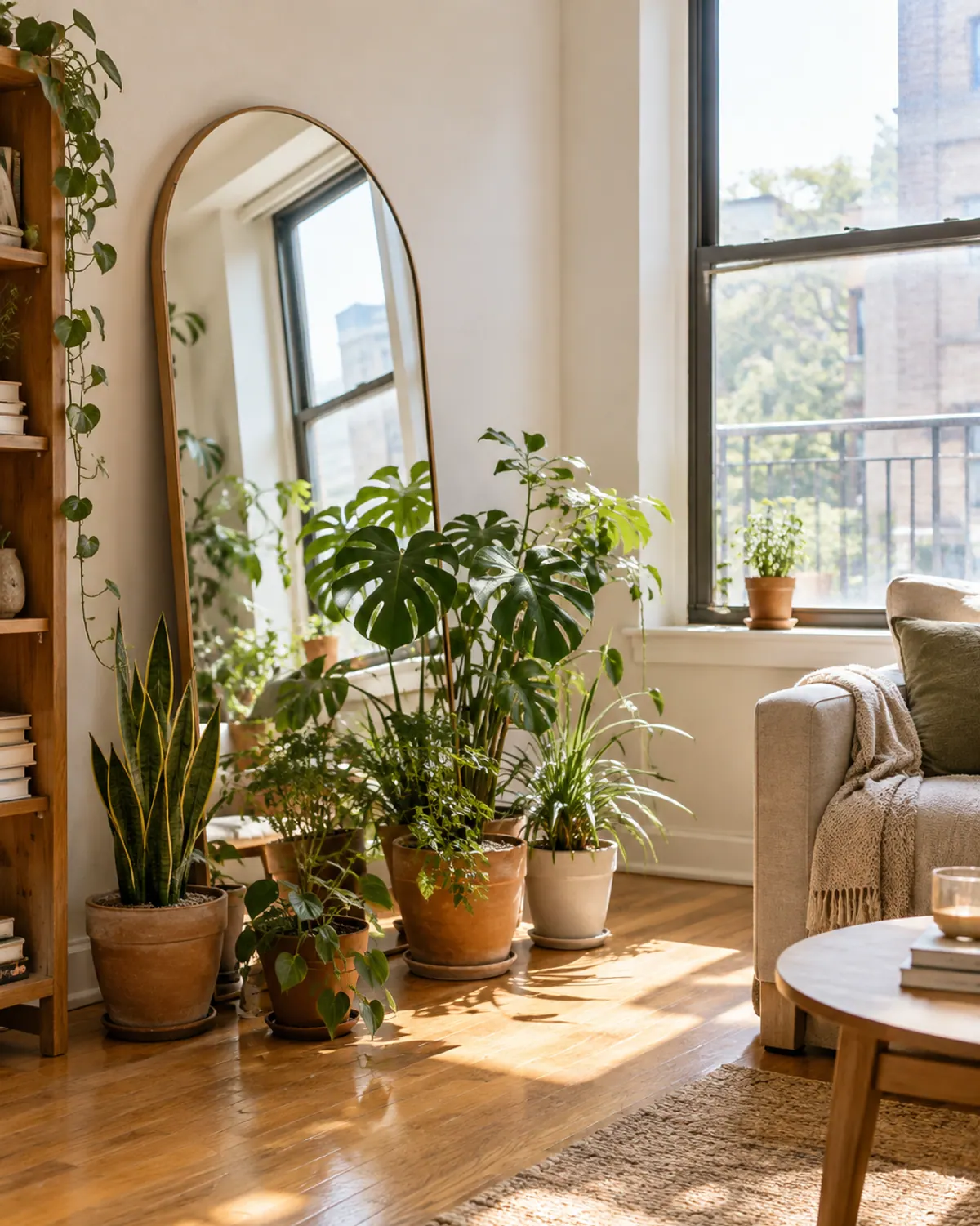 Large leaning floor mirror opposite a window reflecting light onto a group of houseplants in a small apartment