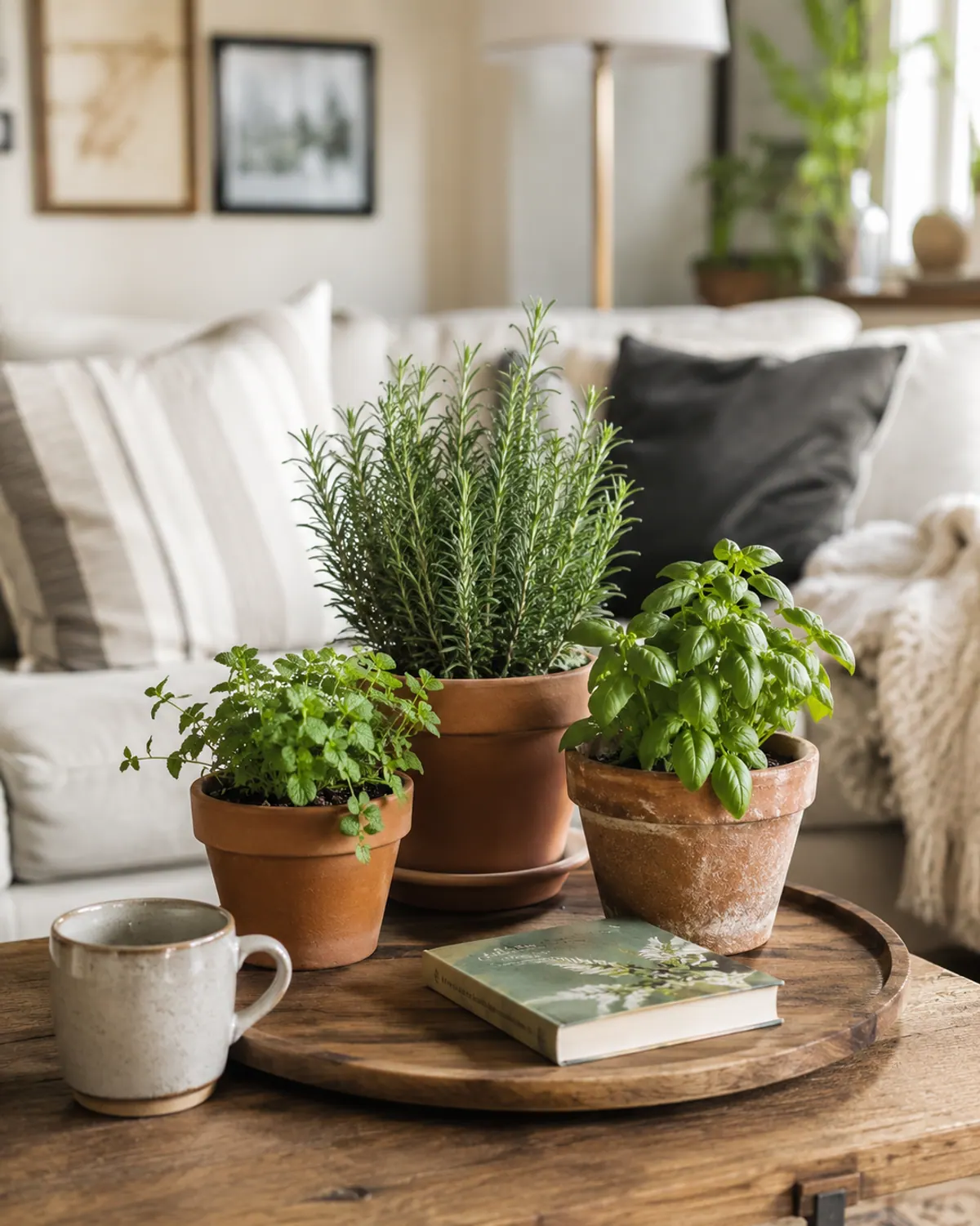 Group of three small potted plants of different heights on a wooden tray on a coffee table