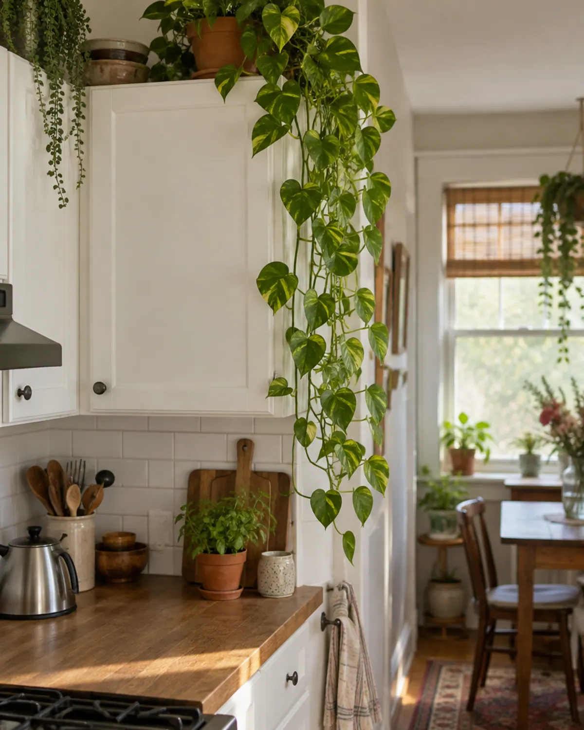 Golden pothos trailing long vines from the top of white kitchen cabinets in a small apartment kitchen