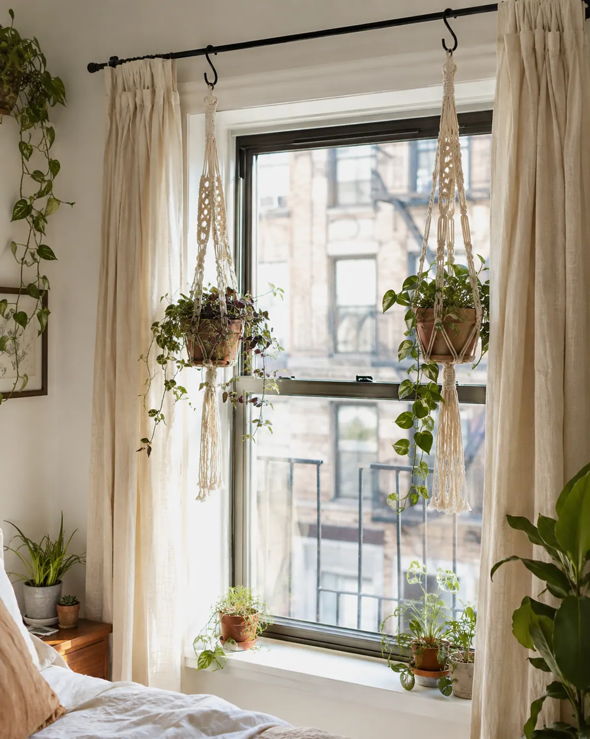 Two macrame plant hangers hanging from S-hooks on a black curtain rod in front of a bright bedroom window