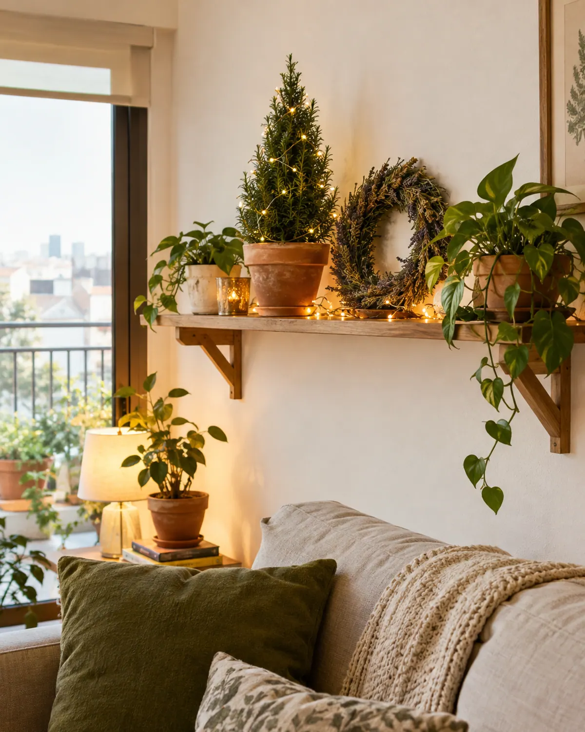 Small apartment shelf styled for winter with a potted rosemary tree, a dried herb wreath and green houseplants