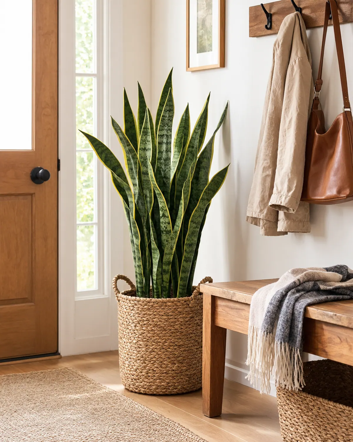 Tall snake plant in a woven basket beside an apartment entryway bench and coat hooks