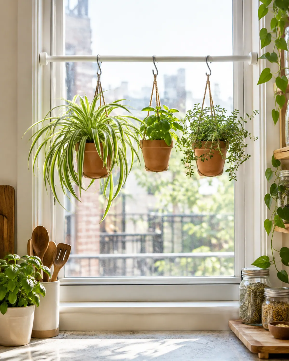 Small hanging pots of spider plant and herbs on S-hooks from a tension rod inside a sunny apartment window frame