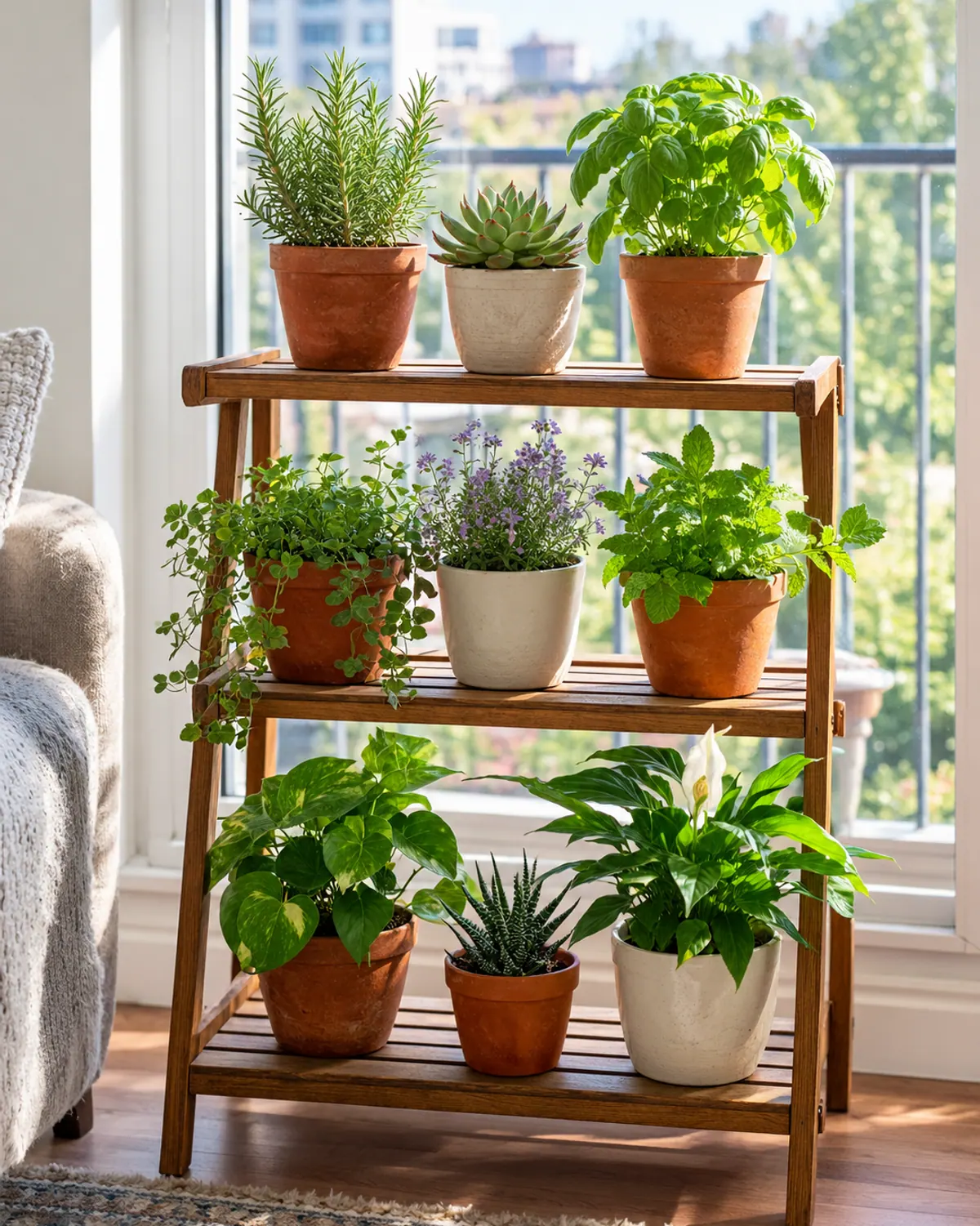 Indoor plants decor on a three-tier wooden plant stand in front of a bright living room window