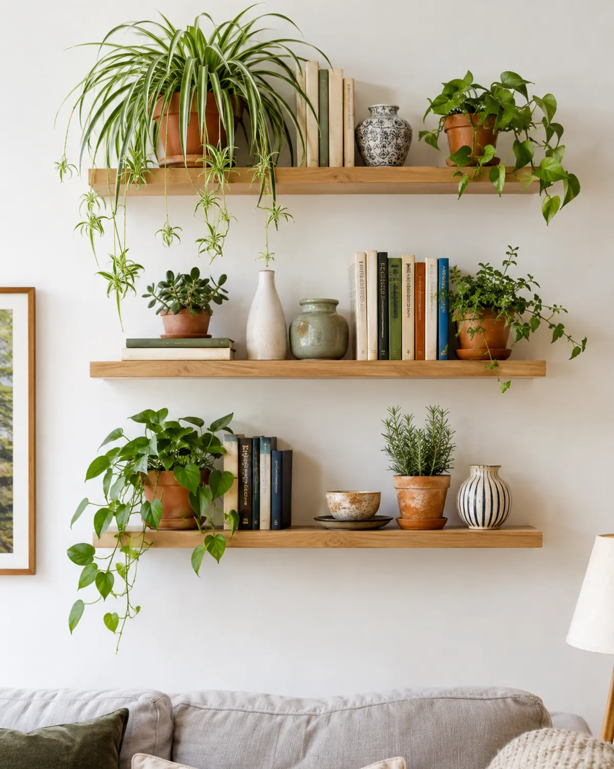 Floating wall shelves with books, ceramic vases and a trailing spider plant spilling over the edge in a small living room