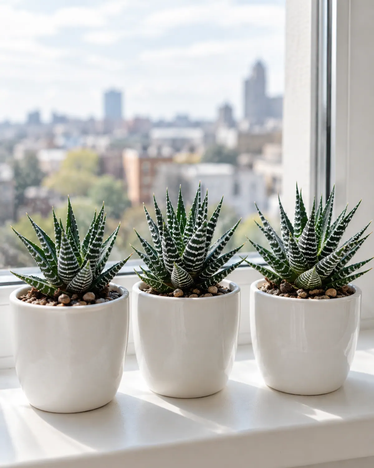 Three small zebra haworthia succulents with white striped leaves in small ceramic pots on a bright windowsill
