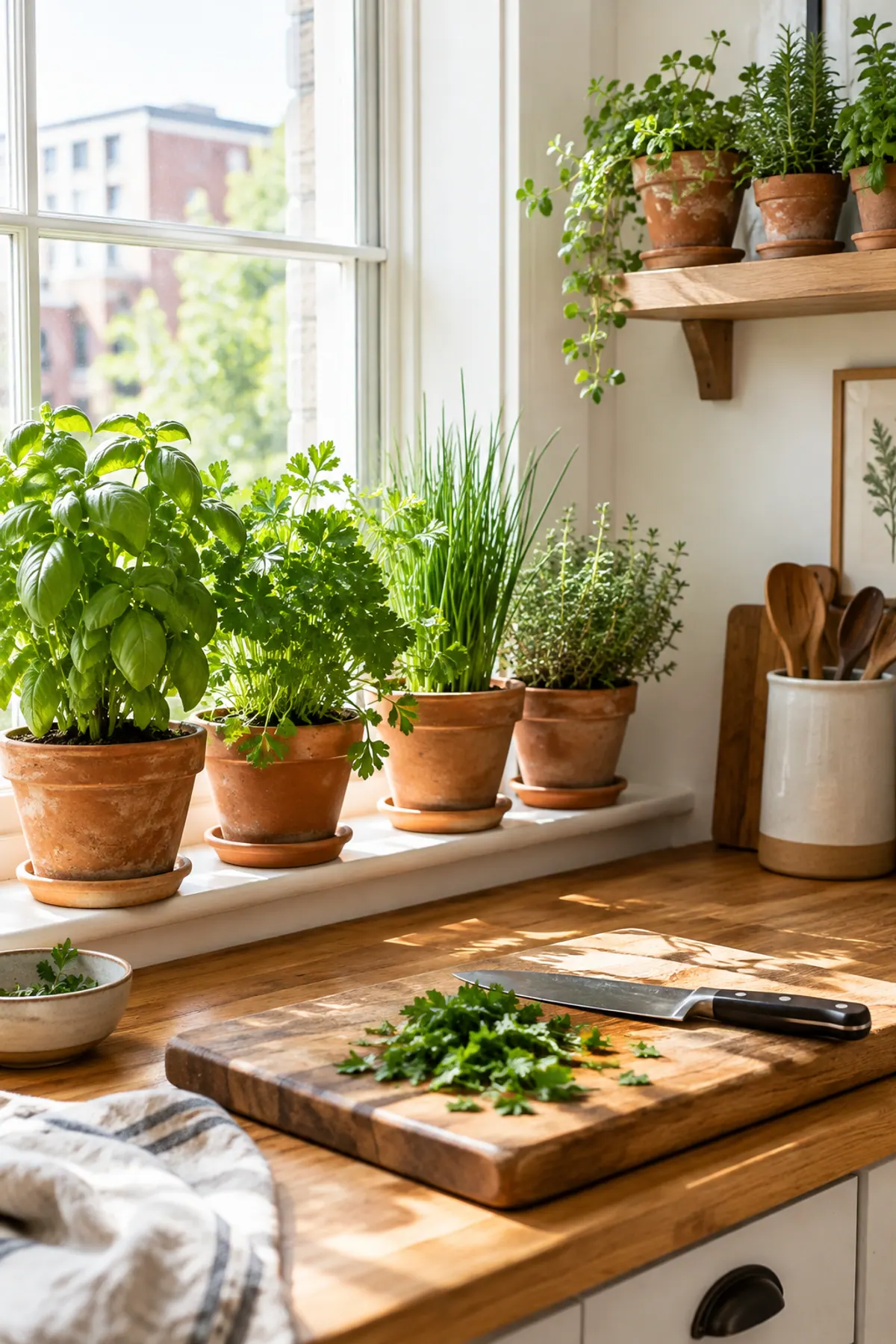 Kitchen herb garden in a small apartment: basil, parsley, chives and thyme in terracotta pots on a sunny windowsill and a floating shelf beside it