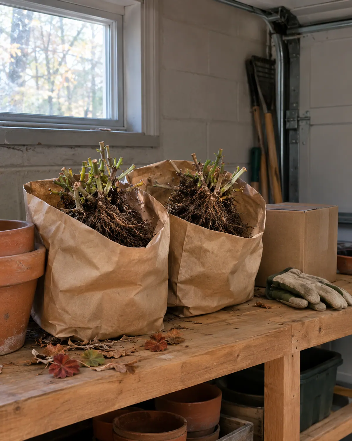 Bare-root geraniums stored dormant in open brown paper bags on a wooden garage workbench beside empty clay pots