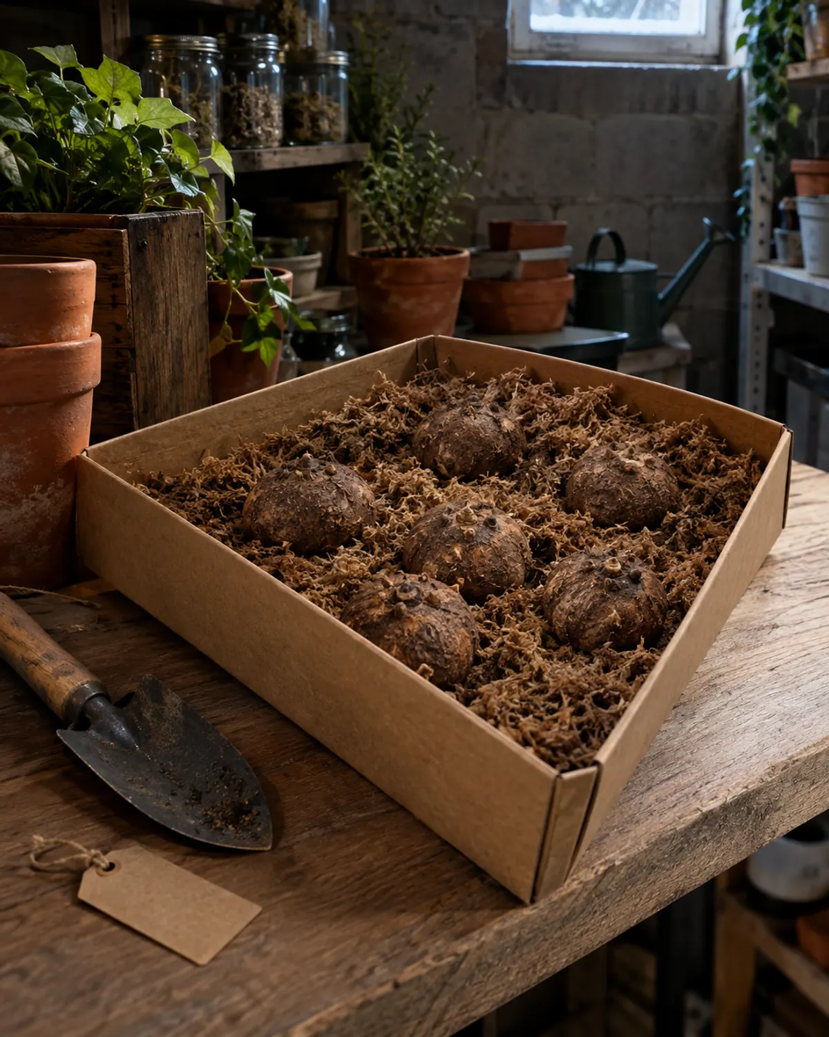 Tuberous begonia tubers stored in a cardboard box of dry peat on a basement workbench with clay pots and a hand trowel