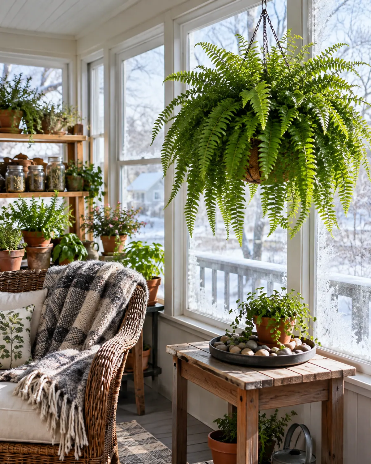 A Boston fern hanging in a bright, cool sunroom with frosty windows, beside a wicker chair and a pebble tray of houseplants