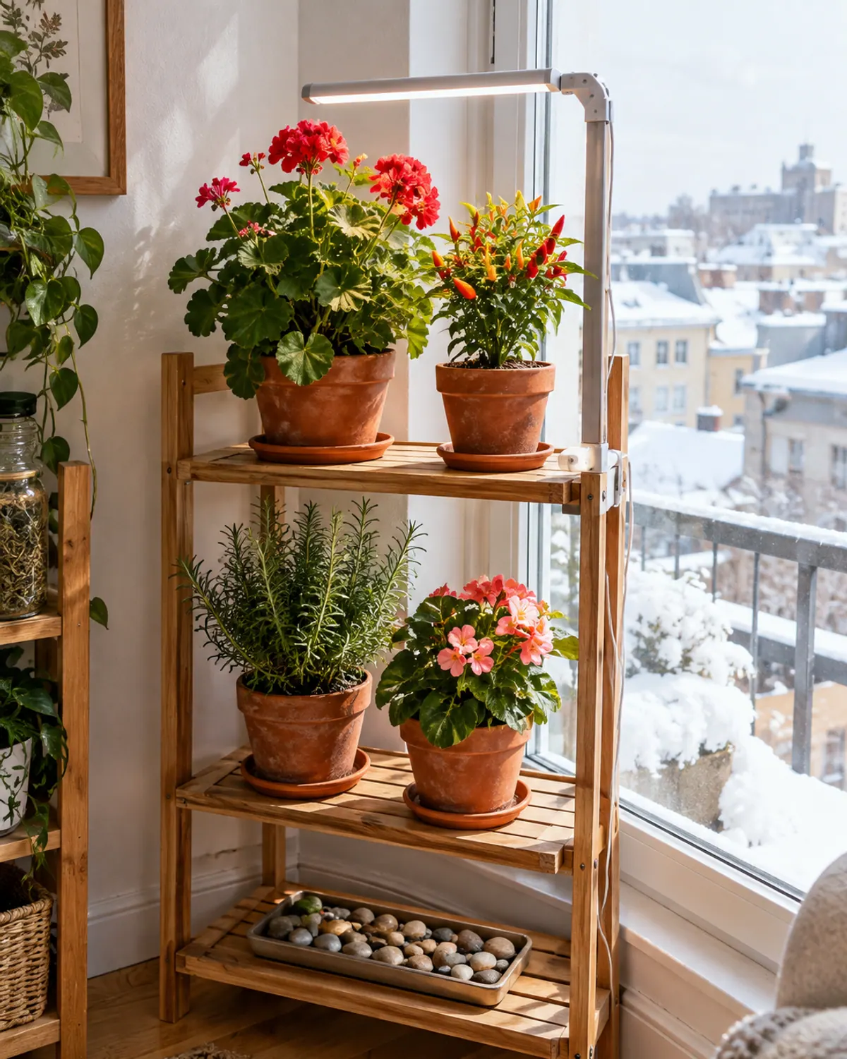 Overwintered geraniums, a chili pepper plant, rosemary and a begonia on a tiered wooden plant stand by a sunny apartment window with snow outside