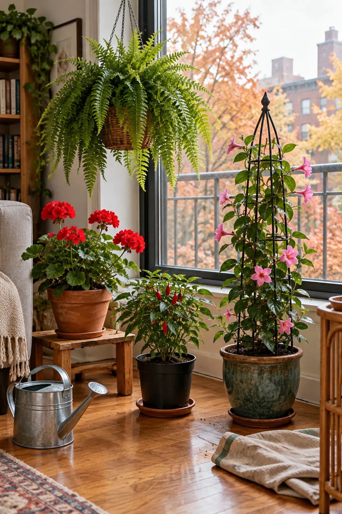 Overwintering plants indoors: red geraniums, a chili pepper, a hanging Boston fern and a mandevilla on an obelisk gathered by a bright apartment window in autumn