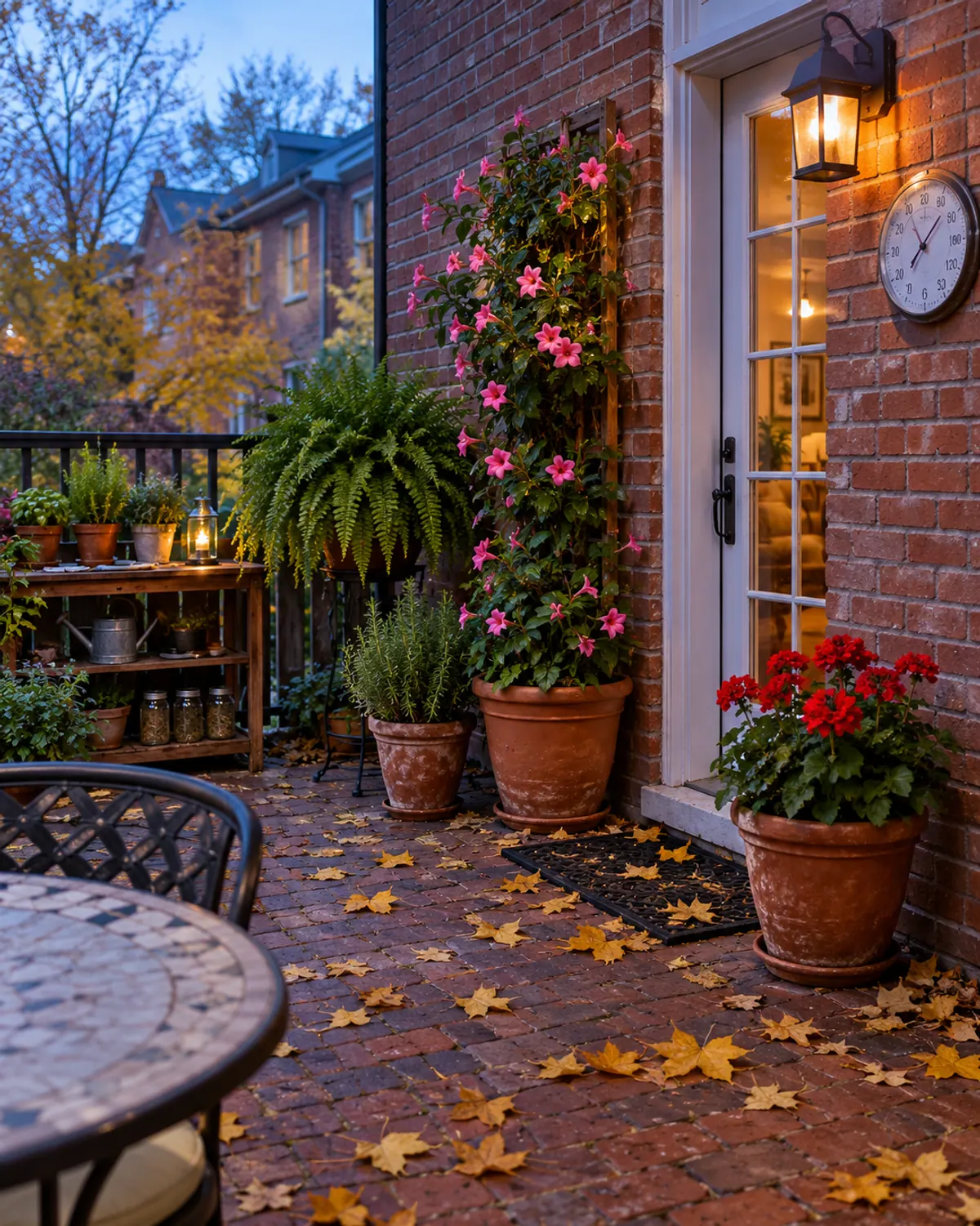 Overwintering plants on a small brick patio at autumn dusk: red geraniums, a Boston fern and a pink mandevilla in pots waiting to come indoors