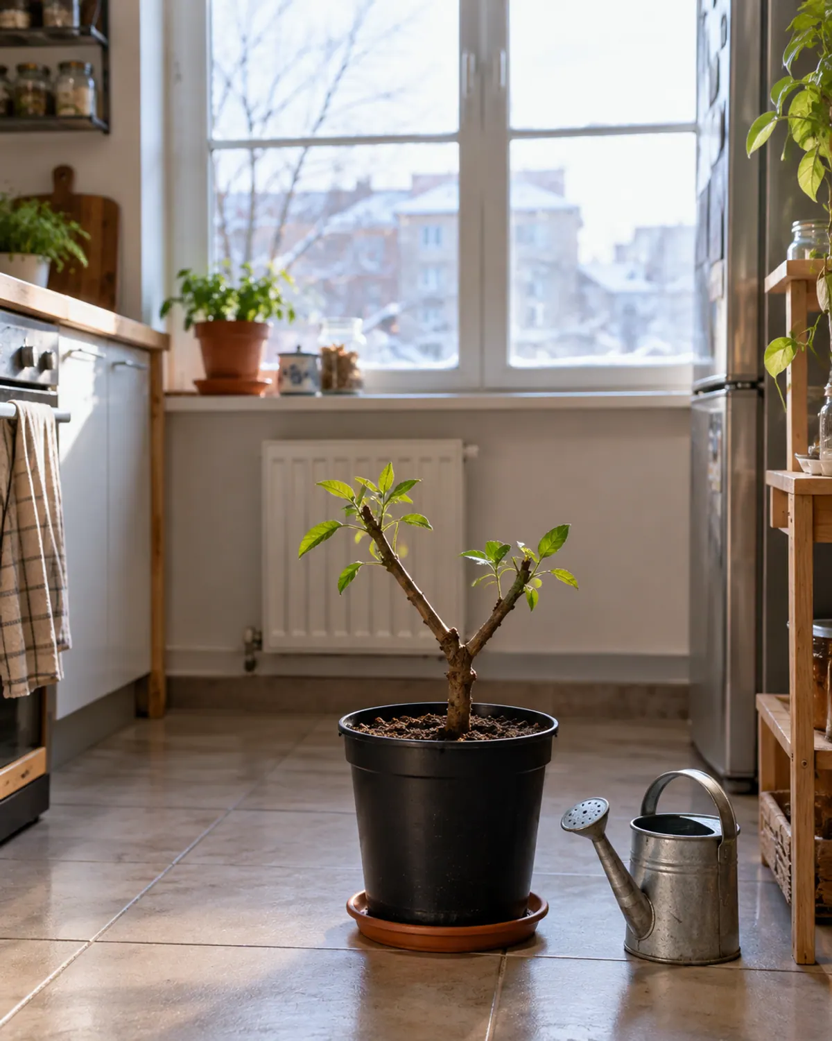 A pepper plant pruned back to a short Y-shaped stem in a black pot on a kitchen floor by a bright winter window