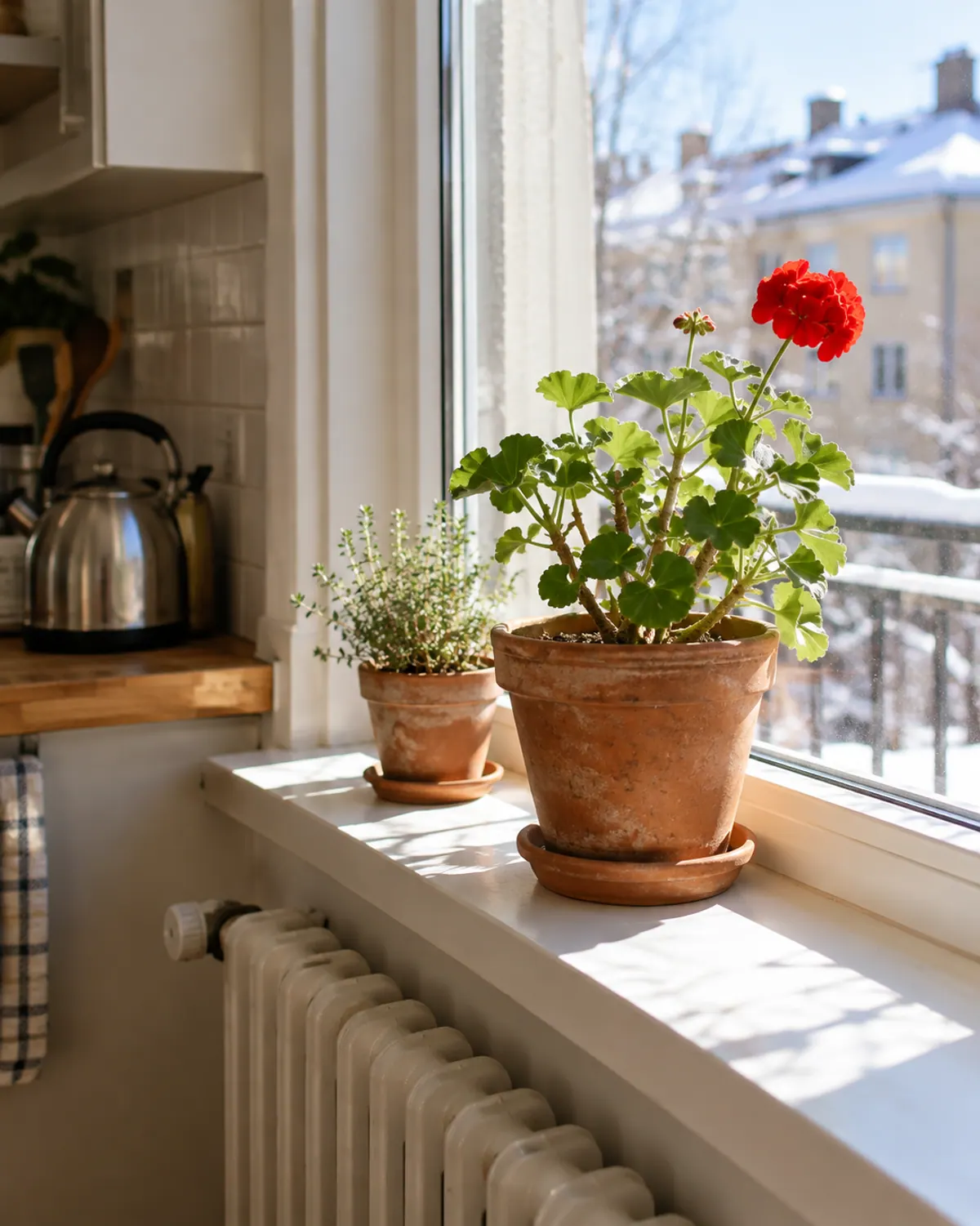 Overwintering geraniums in pots: a red geranium in a terracotta pot on a sunny apartment windowsill in winter, next to a small thyme plant