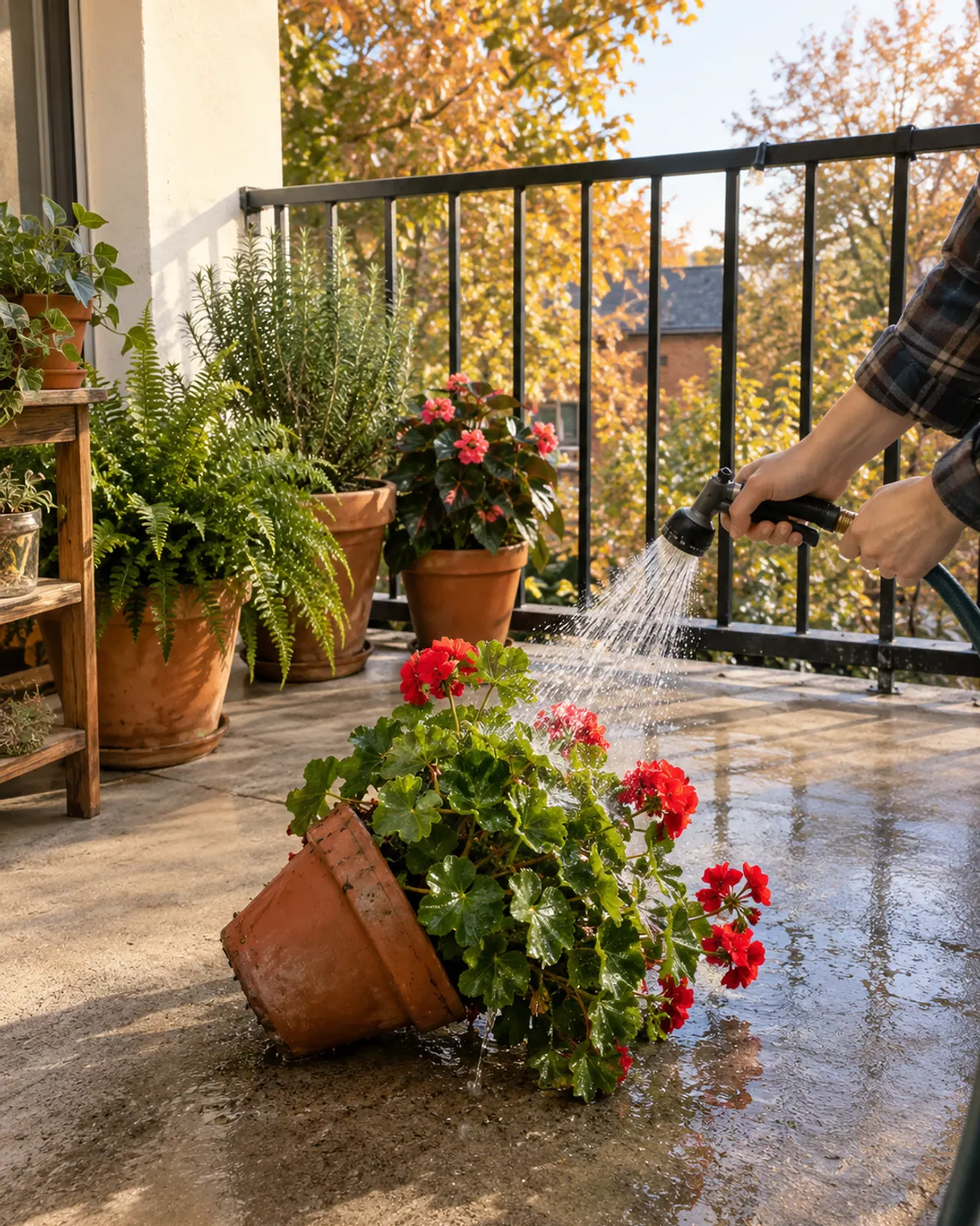 Hands rinsing the undersides of a tipped potted red geranium with a gentle hose spray on an apartment patio