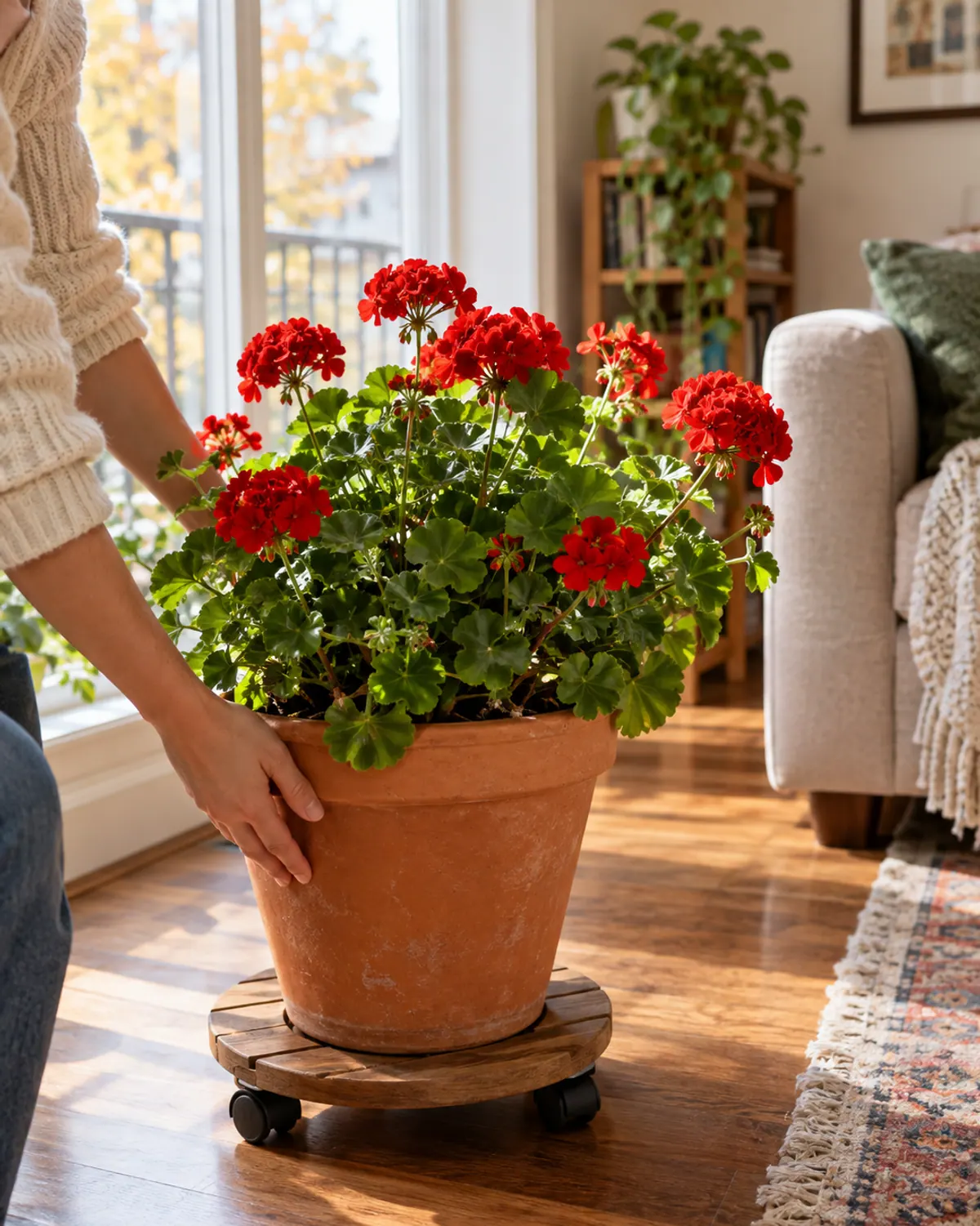 A large potted red geranium on a wooden rolling plant caddy in an apartment living room, being steered toward a sunny window