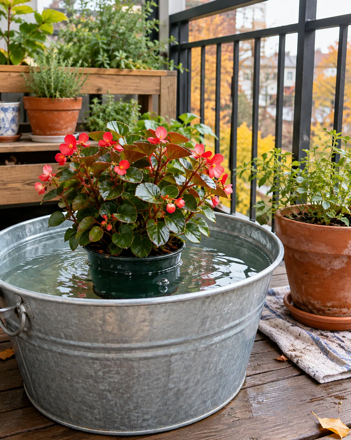 A potted red begonia soaking in a galvanized tub of water on a balcony to flush pests from the soil