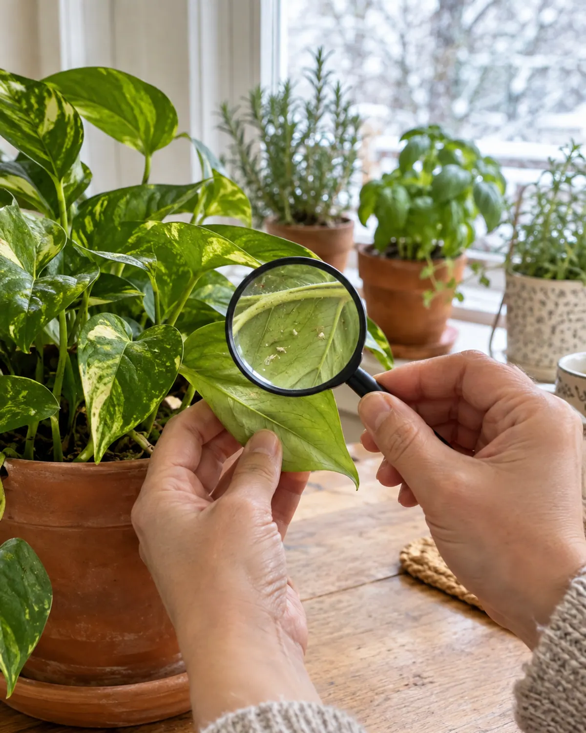 Hand holding a magnifying glass under a pothos leaf to check for spider mites by a winter window