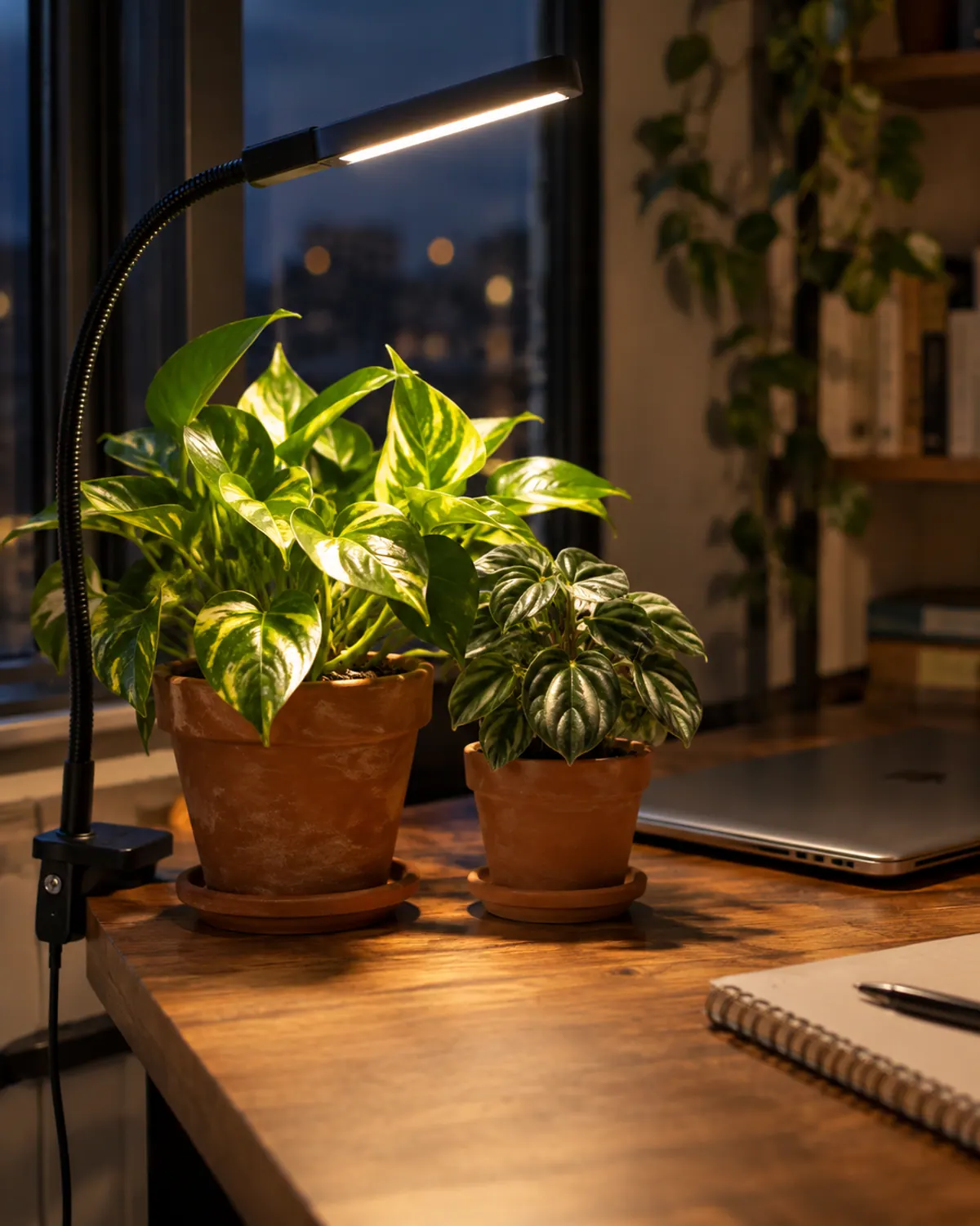 Black clip-on LED grow light clamped to a desk shining on a pothos and a peperomia on a dark winter evening
