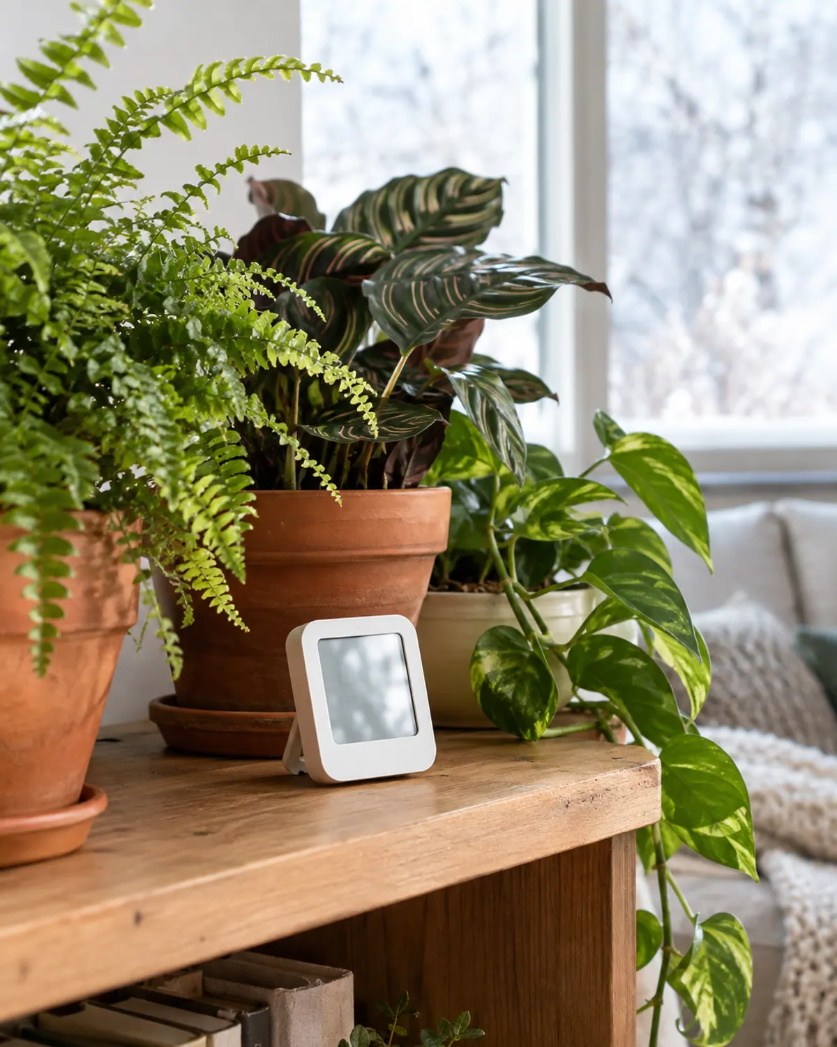 Small white digital hygrometer on a wooden shelf among a fern, a calathea and a pothos in a winter living room