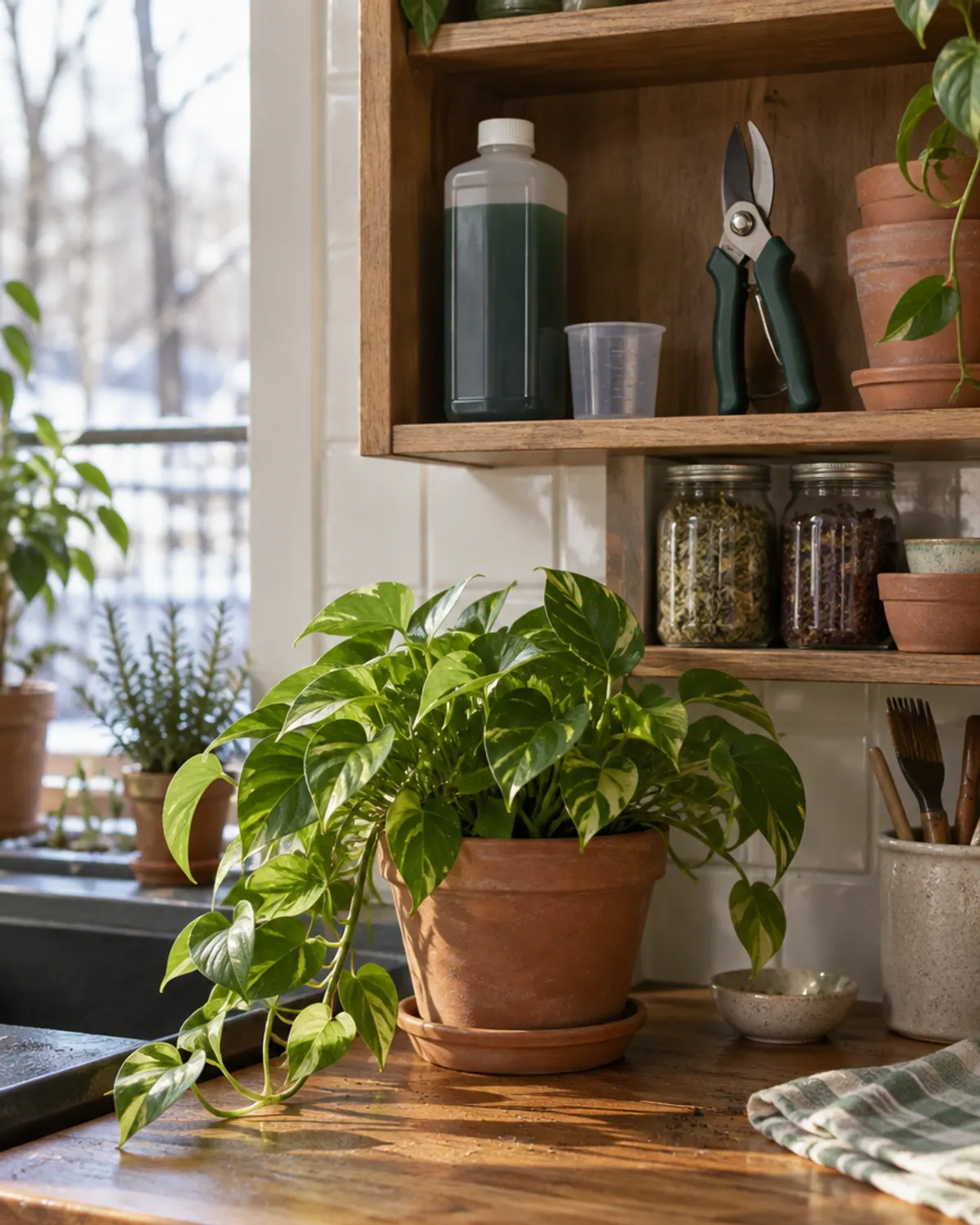 Bottle of liquid plant food and a measuring cup stored on a cupboard shelf above a potted pothos in winter