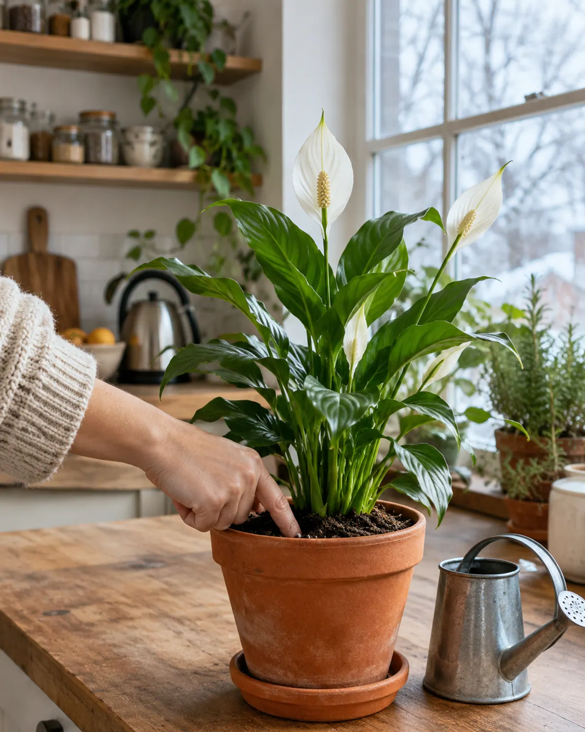 Finger pressed knuckle deep into the soil of a potted peace lily on a kitchen counter to check if it needs water in winter
