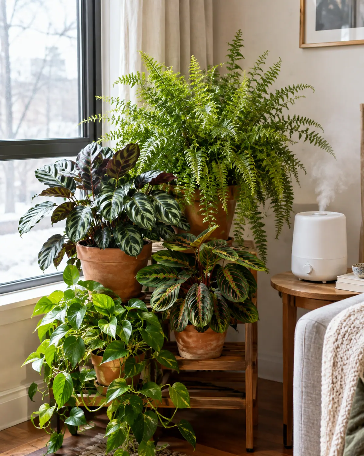 Cluster of houseplants on a low stand with a small white cool-mist humidifier on a side table nearby