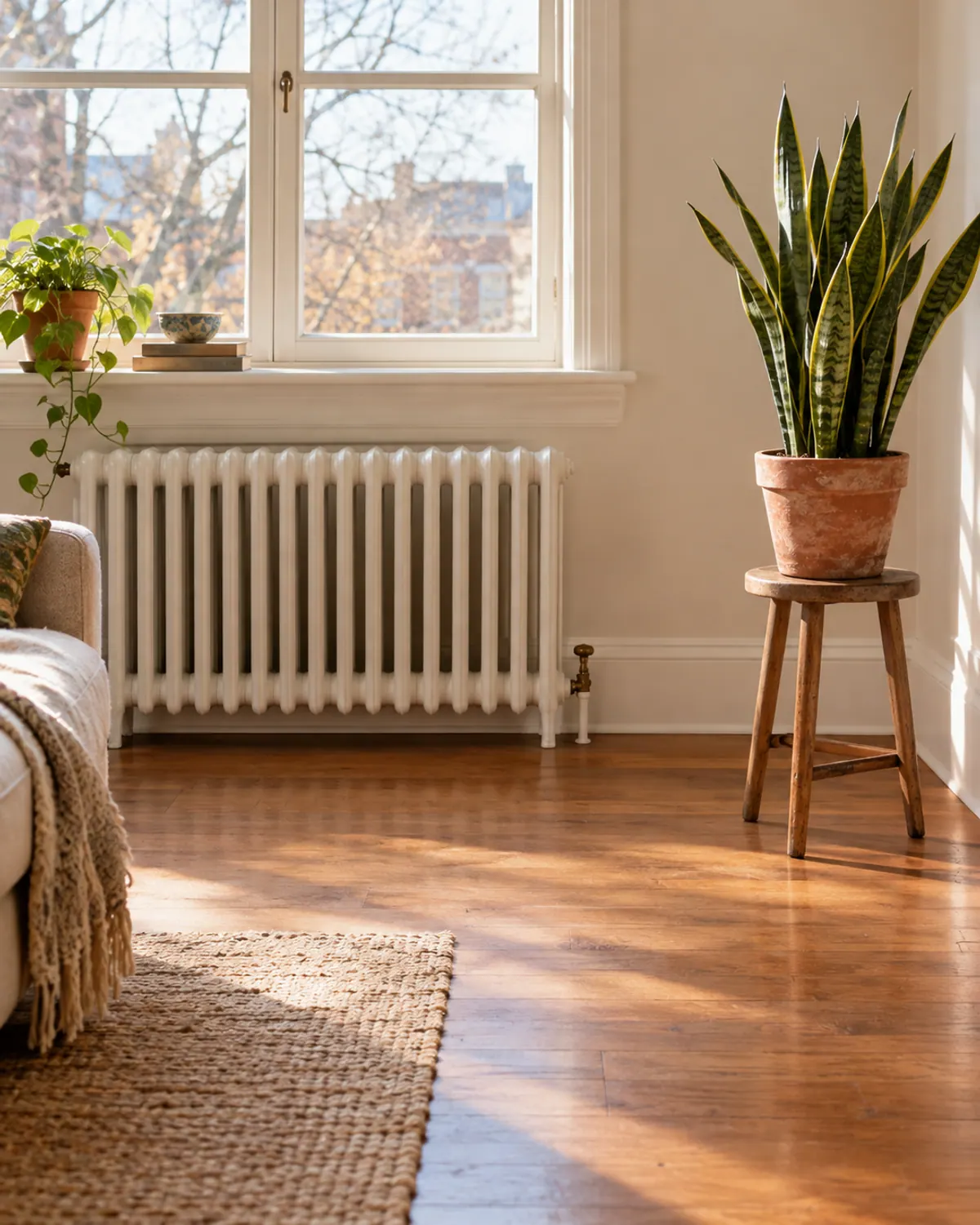 Potted snake plant on a stool placed several feet away from a white radiator under a living room window