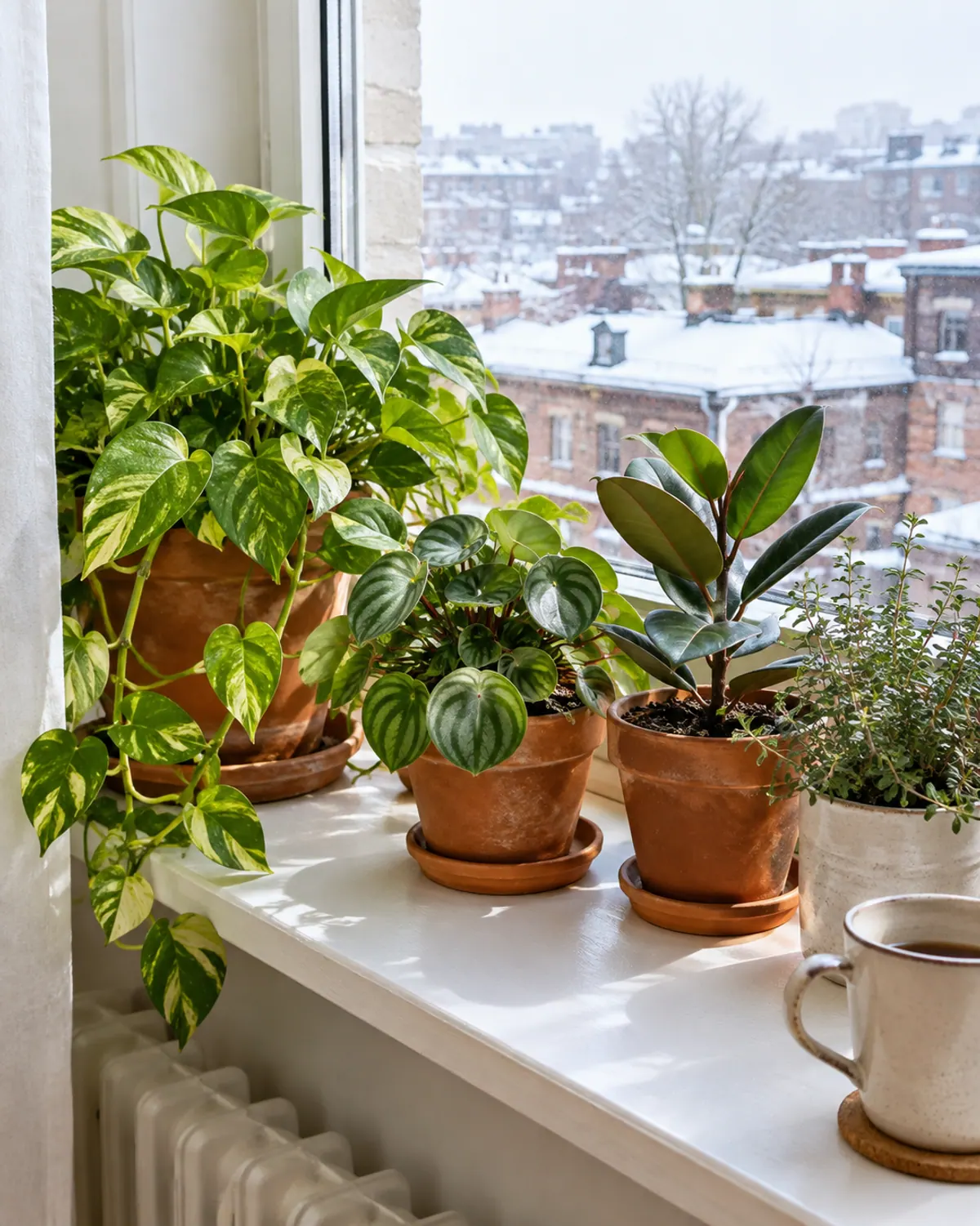 Pothos, peperomia and a small rubber plant gathered on a wide winter windowsill with snowy rooftops outside, a winter houseplant care tip for more light