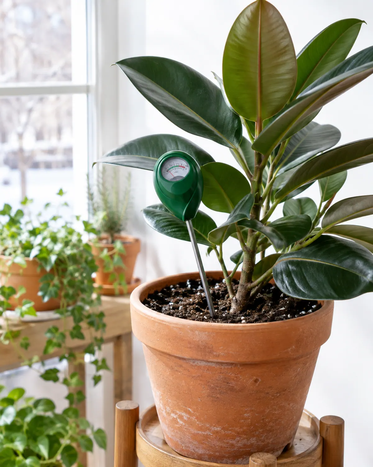 Analog moisture meter probe pushed into the soil of a potted rubber plant by a winter window, a tool for winter houseplant watering