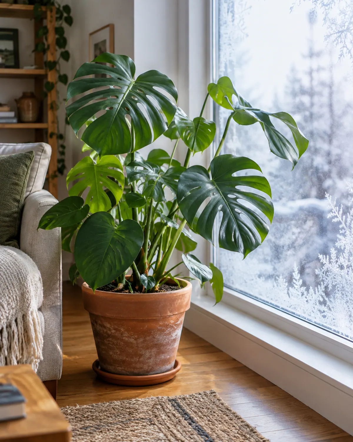 Monstera leaves held a hand's width away from a frosty winter window in a living room