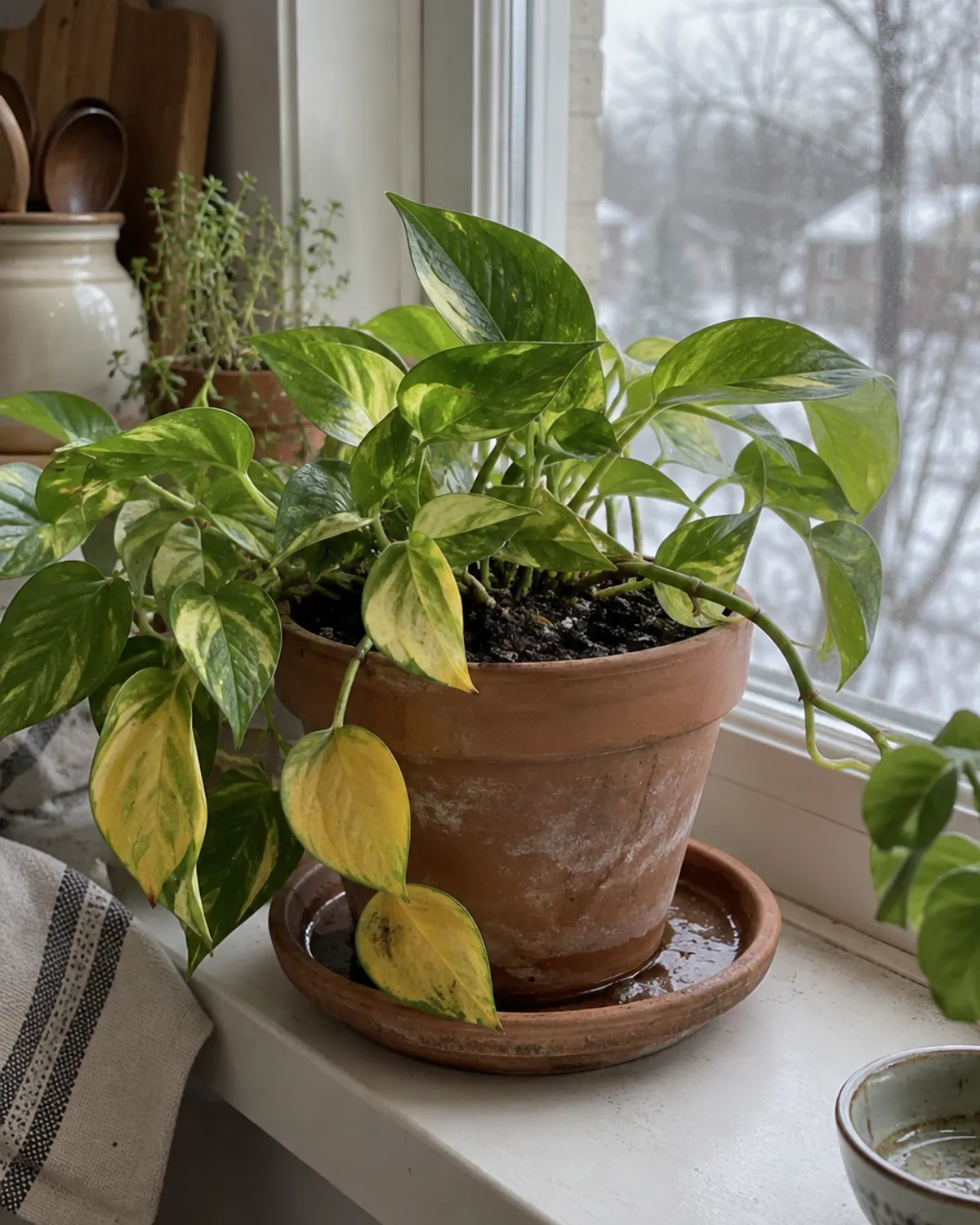 Pothos with yellowing lower leaves and a saucer of standing water on a grey winter windowsill, a common winter houseplant care mistake