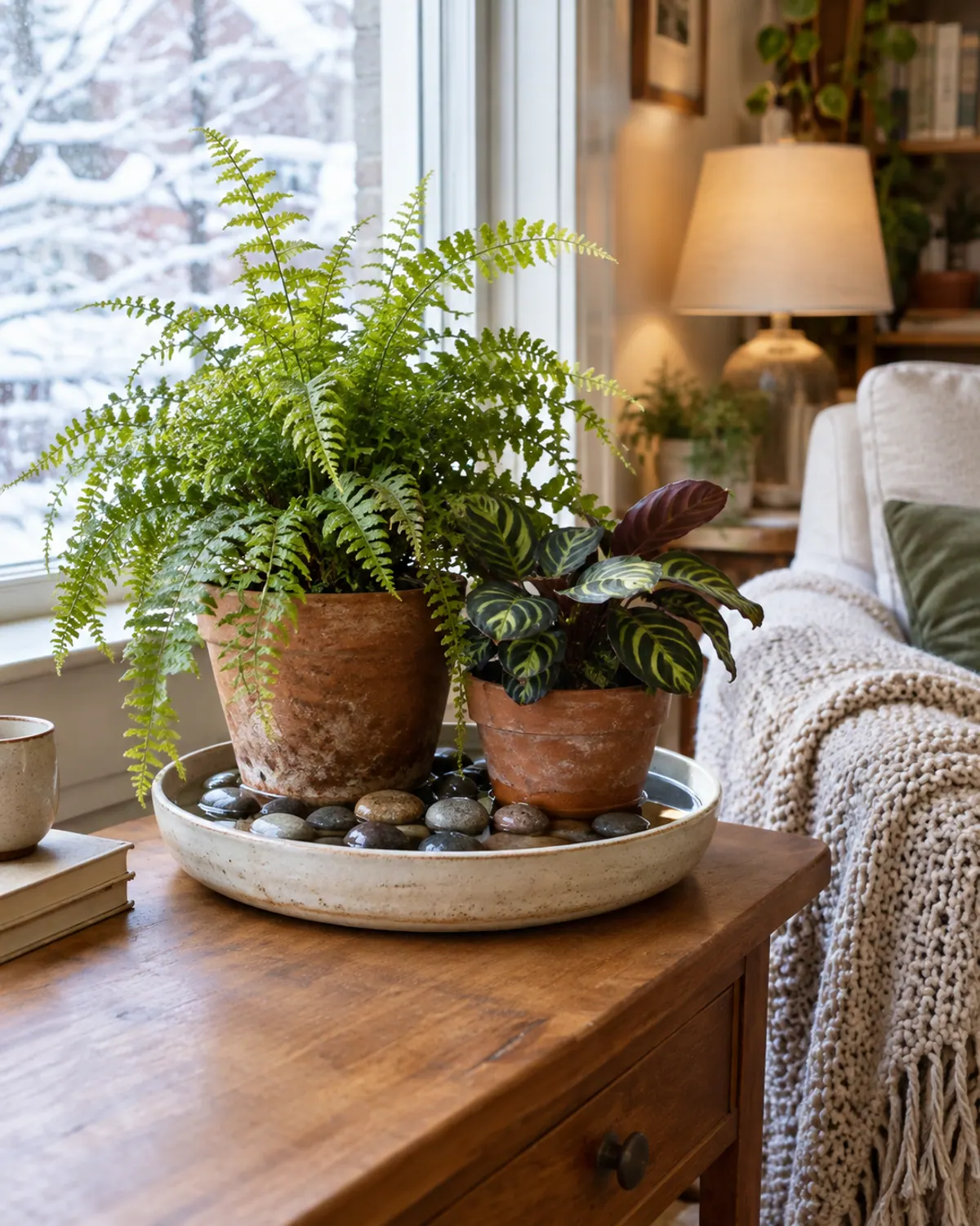 Fern and calathea sitting on a shallow tray of grey pebbles with water below the pebble tops, a humidity tray for winter houseplants