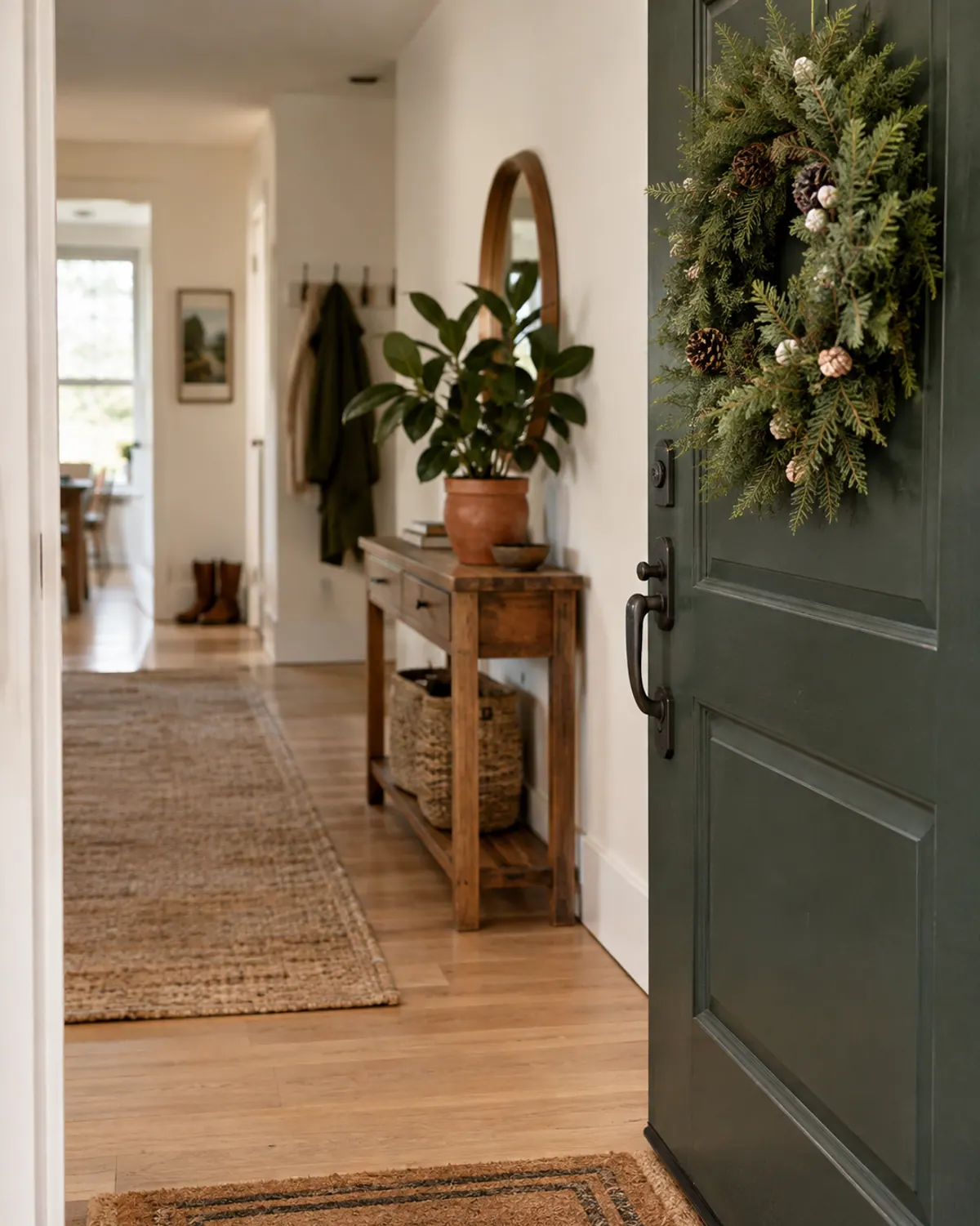 Potted rubber plant on a console table set back from a front door in a winter entryway, away from cold drafts