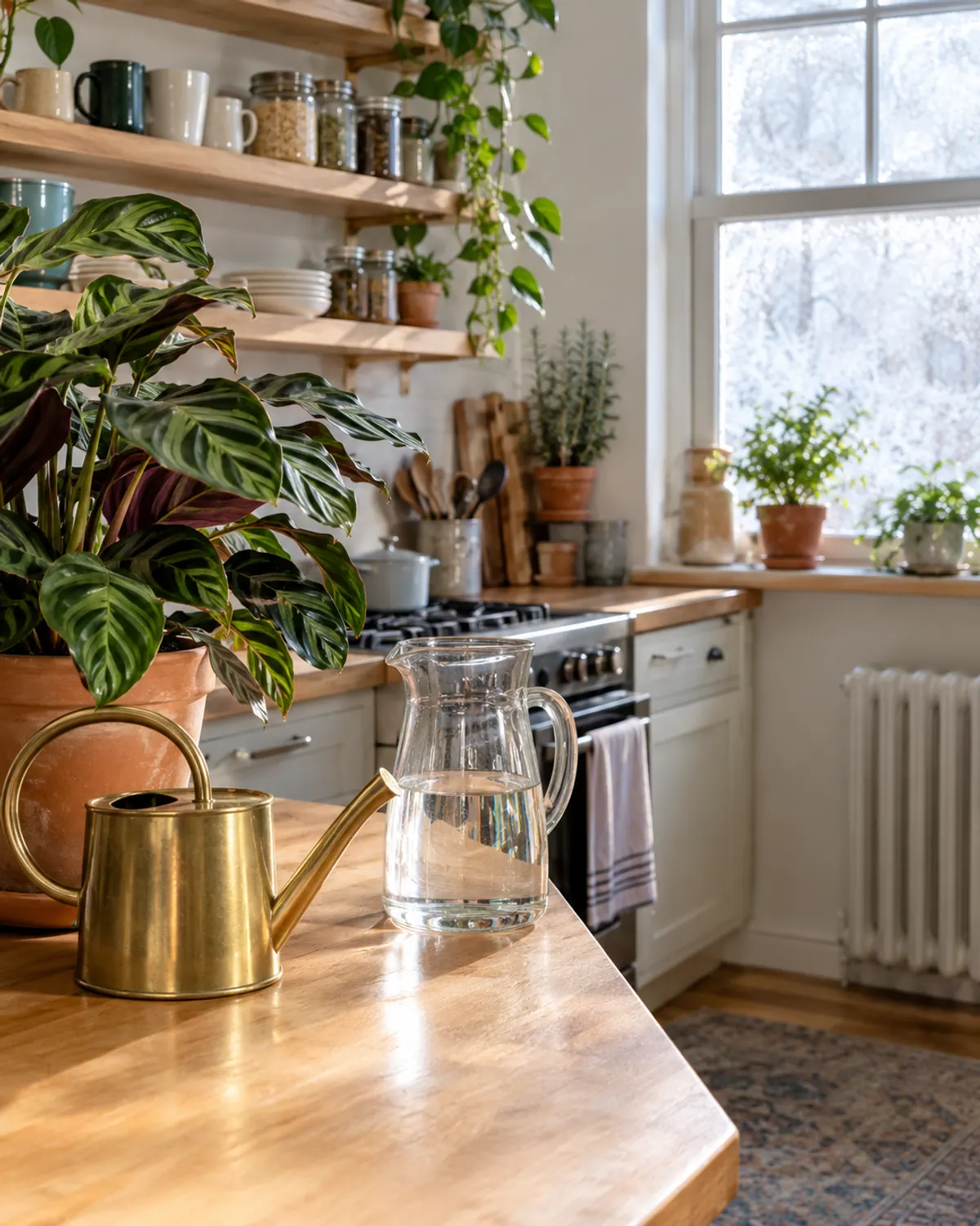 Brass watering can and a glass pitcher of room-temperature water beside a potted calathea on a kitchen counter in winter
