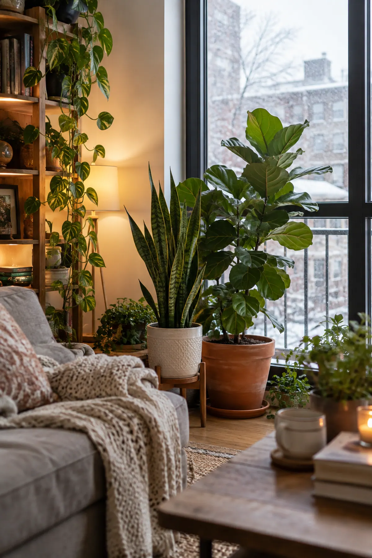 Winter houseplant care tips: pothos, snake plant and fiddle leaf fig grouped near a snowy window in a cozy apartment living room