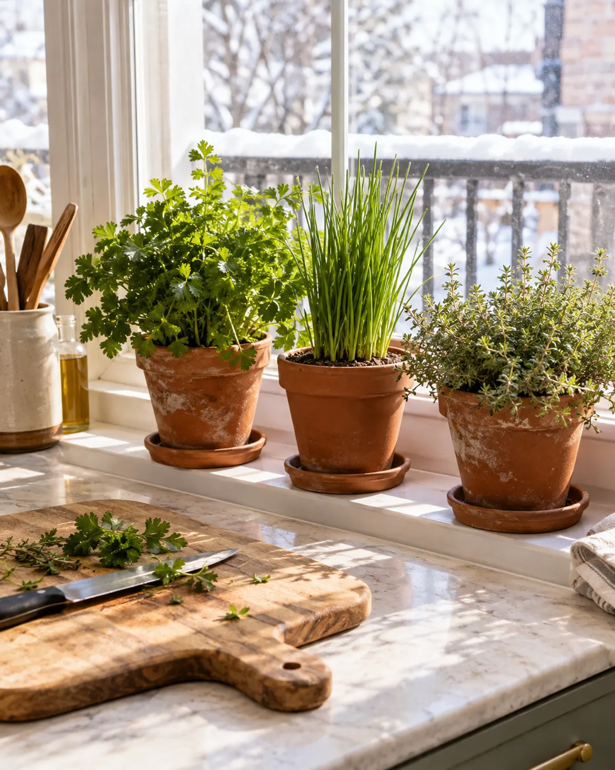Terracotta pots of parsley, chives and thyme on a kitchen windowsill with snow on the ledge outside