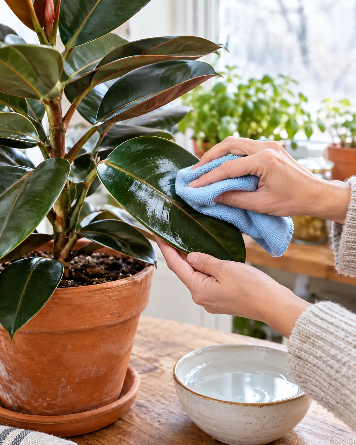Hand wiping a rubber plant leaf with a damp microfiber cloth beside a small bowl of water near a winter window